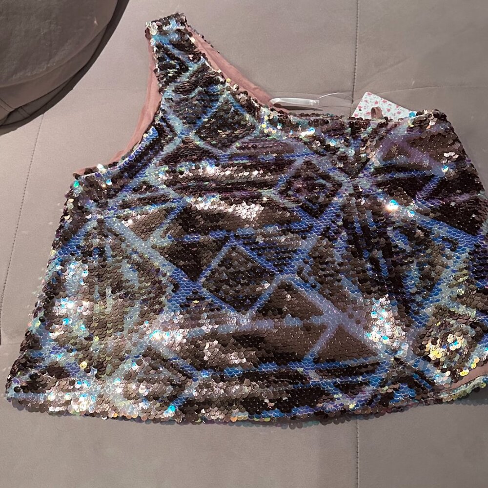Free People Rose Gold One Shoulder Sequined Top - Size ( X-Small )
